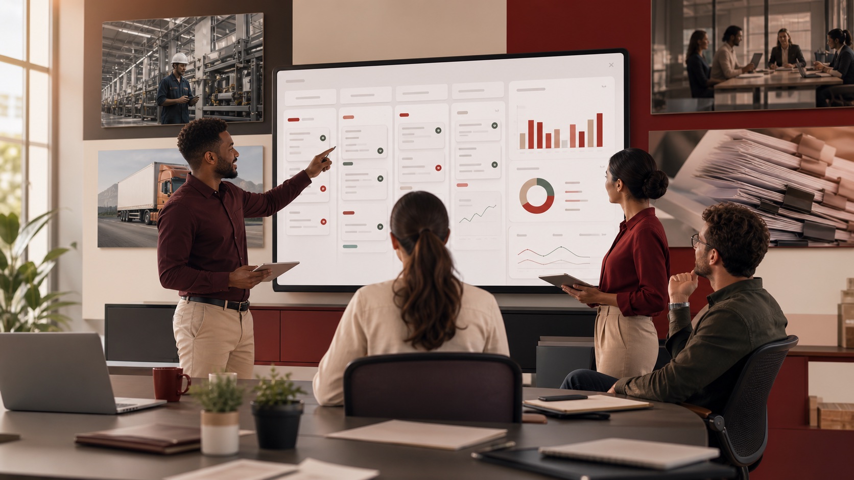 Equipe analisando processos, indicadores e resultados em um painel de gestão