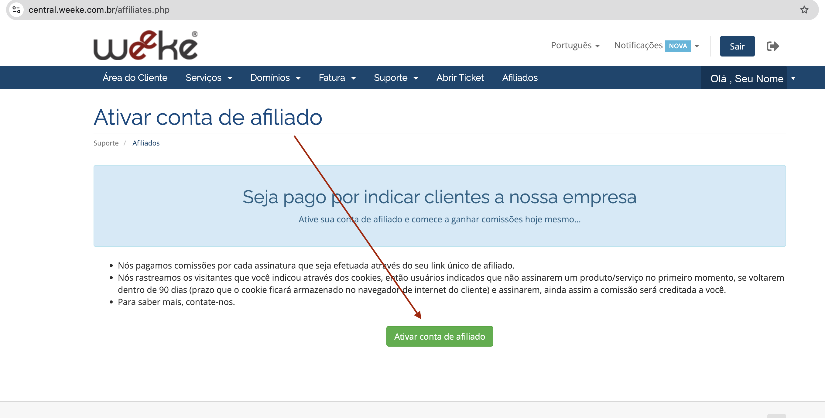 Tela da Central Weeke indicando o botão verde para ativar o programa de afiliados