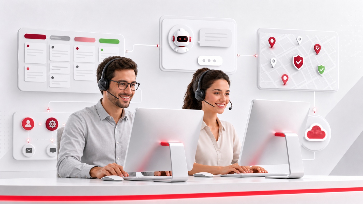 Equipe de atendimento Weeke trabalhando em dois computadores com Kanban, chatbot, Safe Map, automações e serviços em nuvem