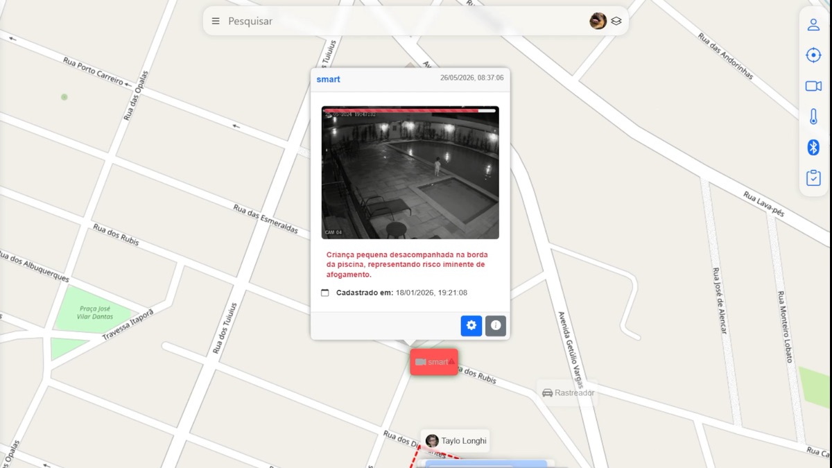 Tela de alertas instantâneos do Safe Map