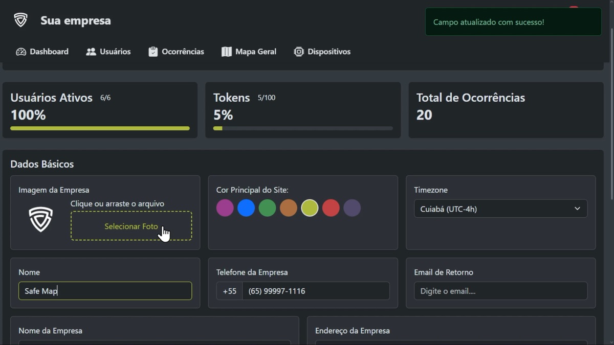 Opções de personalização da plataforma Safe Map