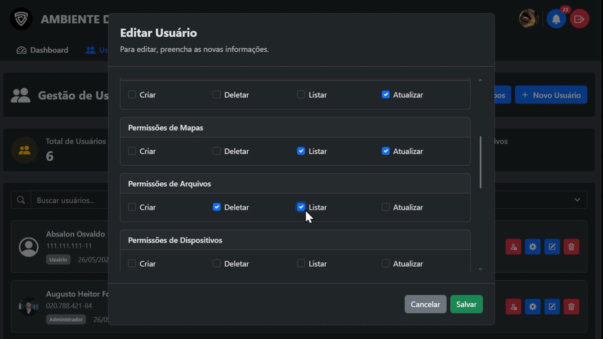 Tela de controle de usuários do Safe Map