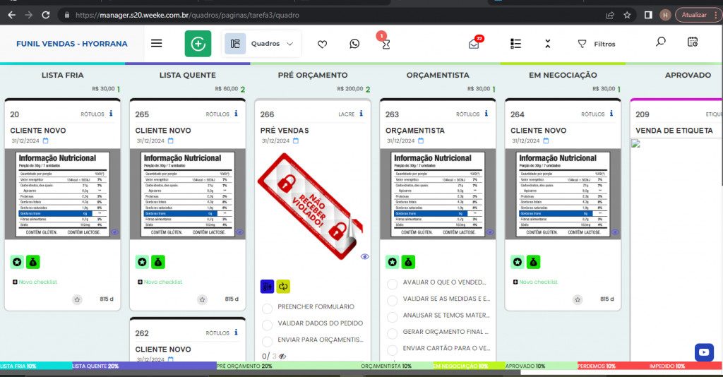 Interface do fluxo de Funil de vendas no Weeke Manager